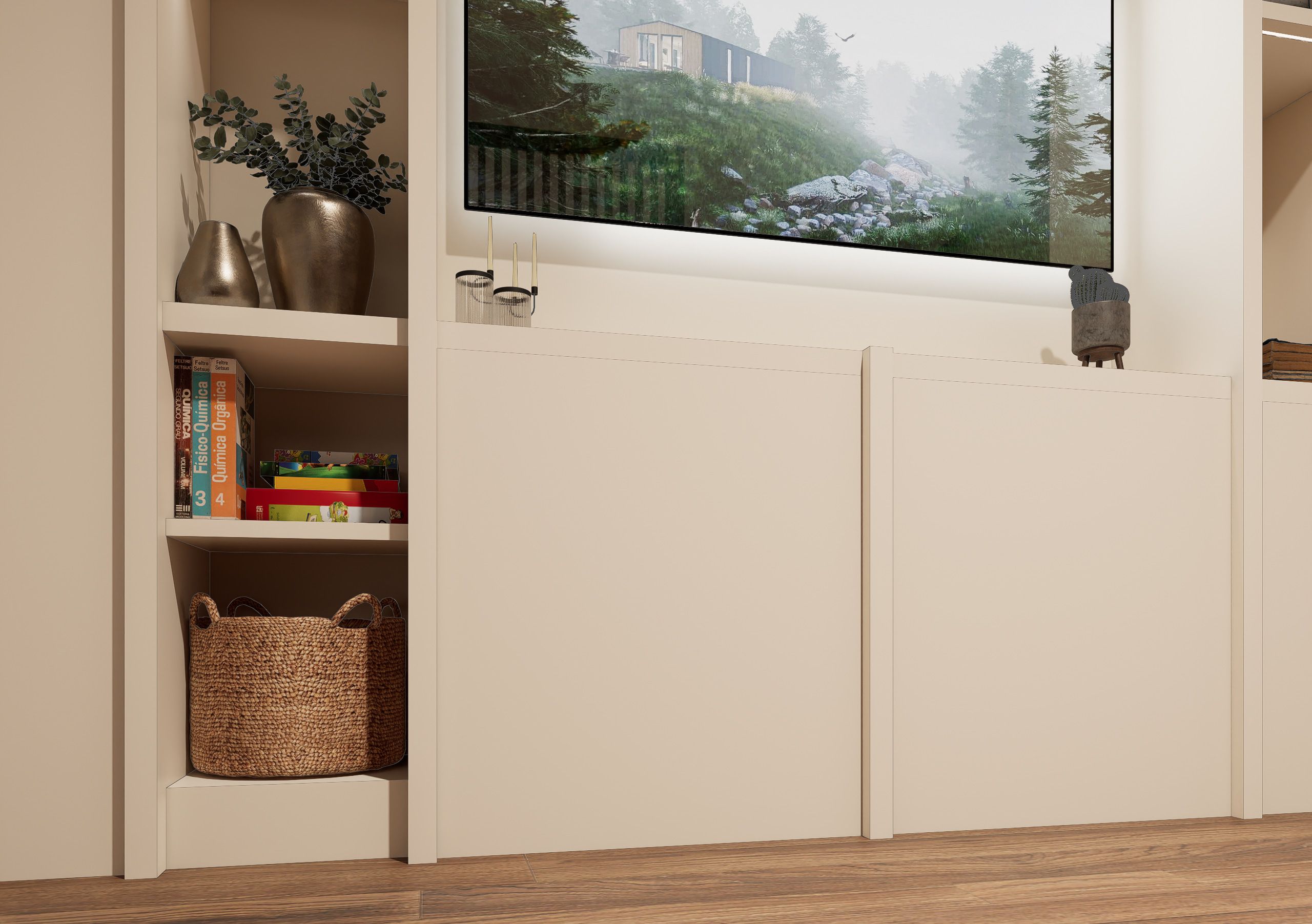 Render del mueble continuo con nichos y módulos cerrados de Biblioteca