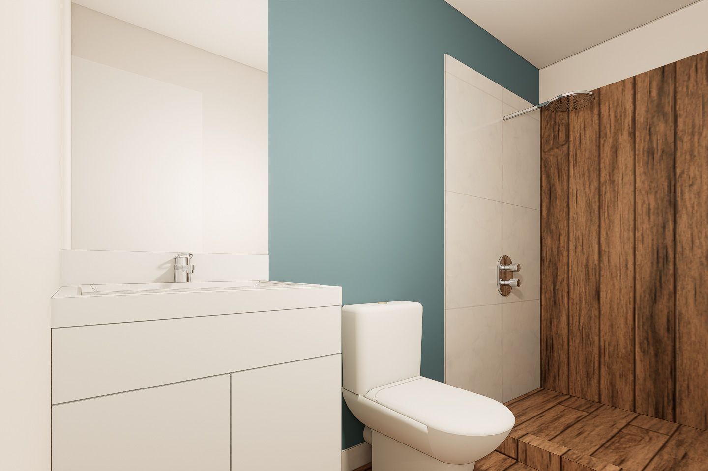Render del baño principal accesible del proyecto Boris