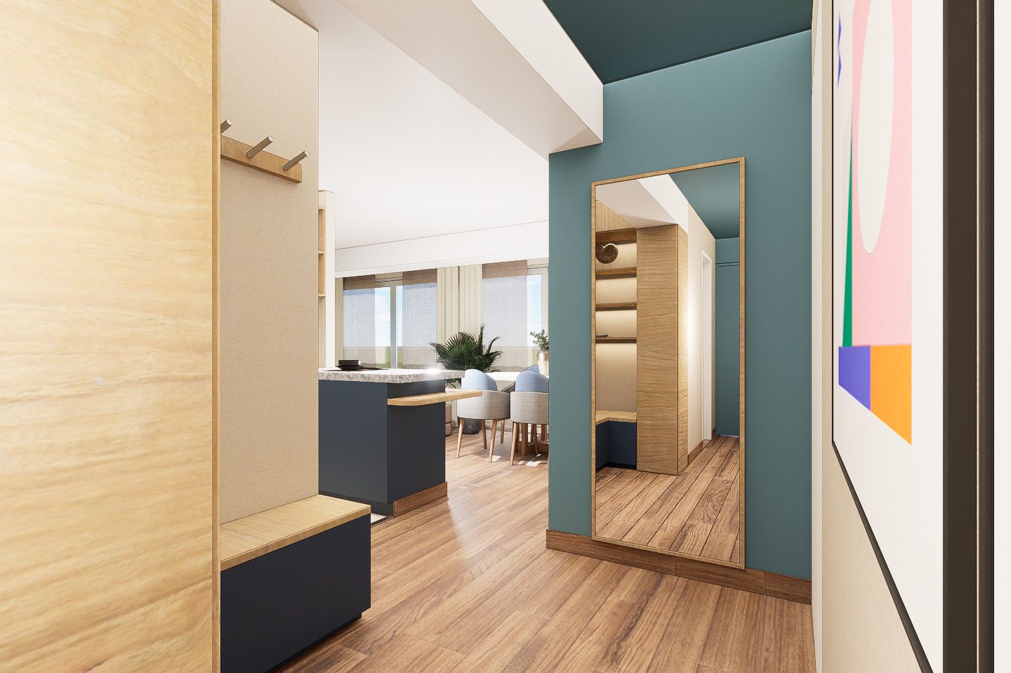 Render del ingreso y recorrido interior del proyecto Boris