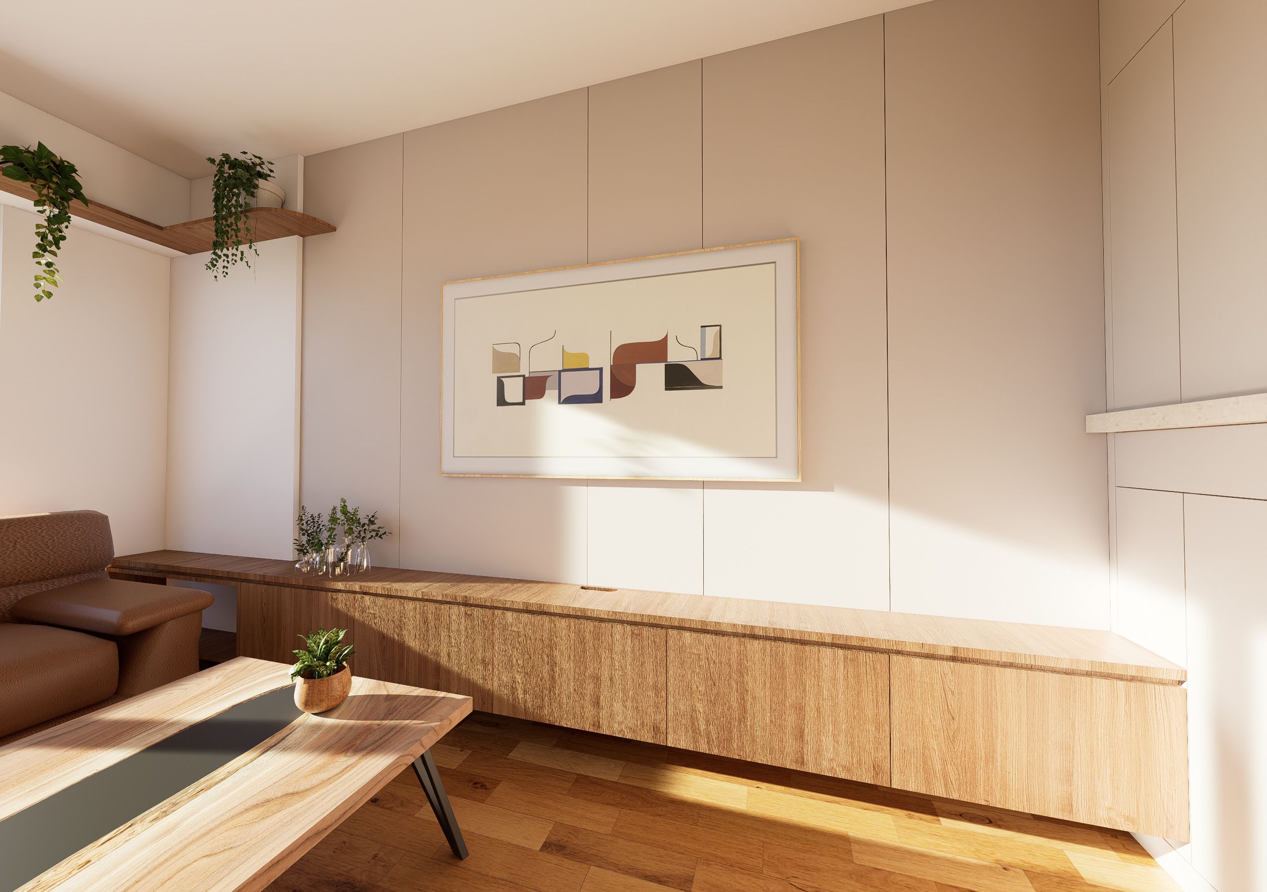 Render del mueble de sala B y K con almacenamiento integrado