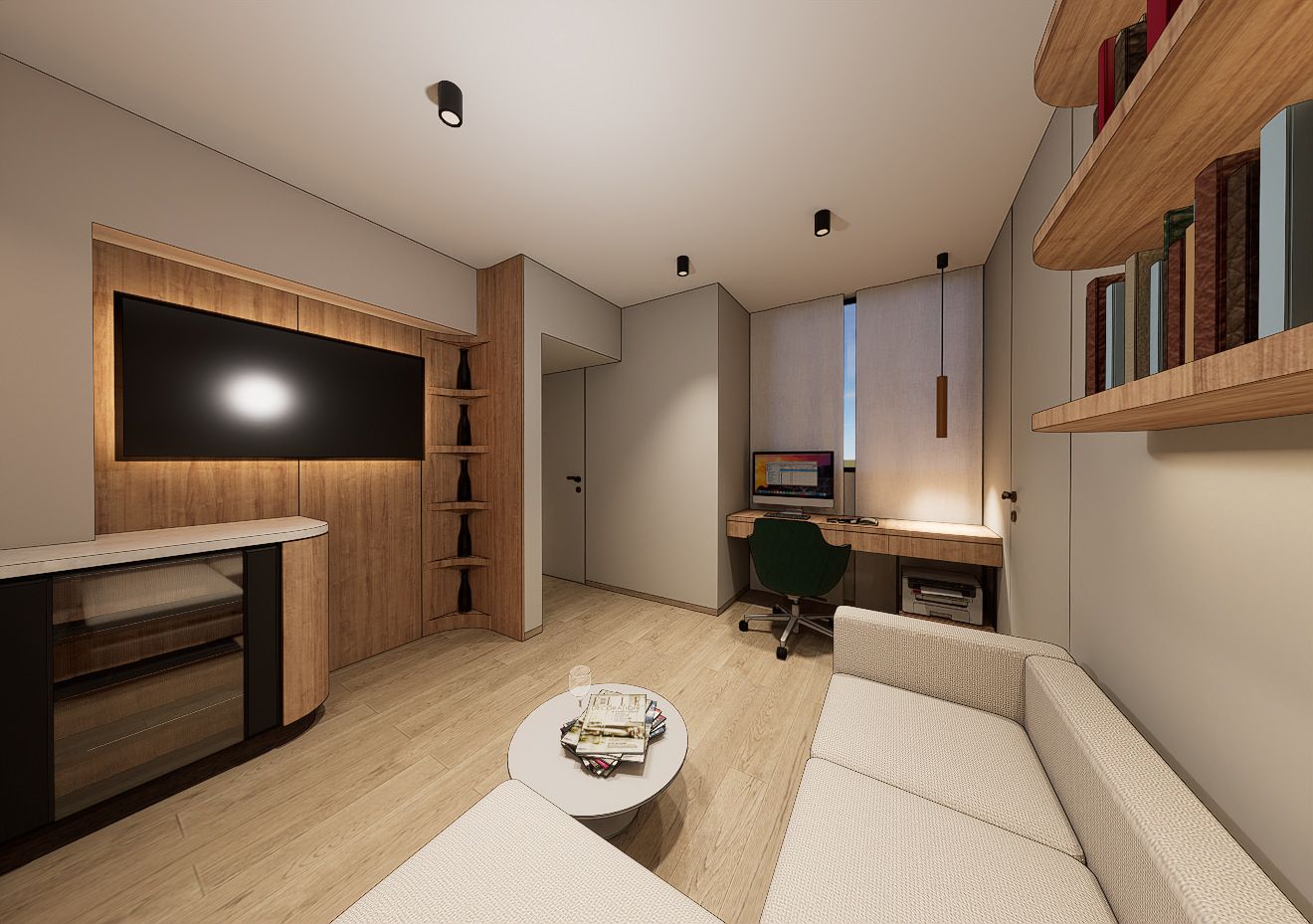 Render del estudio de CV640 delimitado por mobiliario y elementos ligeros