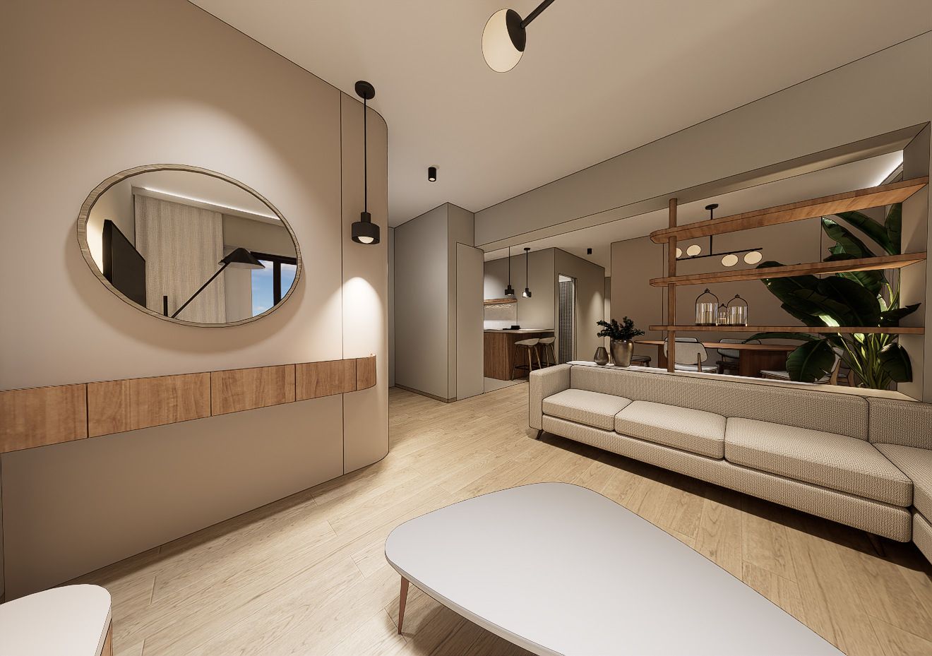 Render de la sala del departamento CV640 con mobiliario de madera y tonos neutros