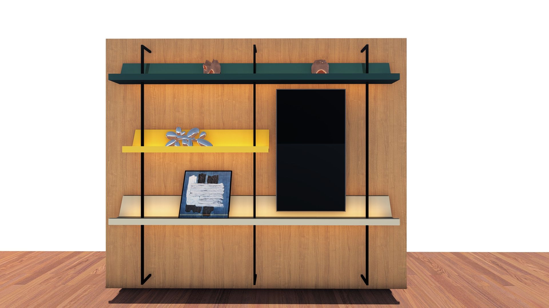 Render del mobiliario y superficies de trabajo de Estudio Uno