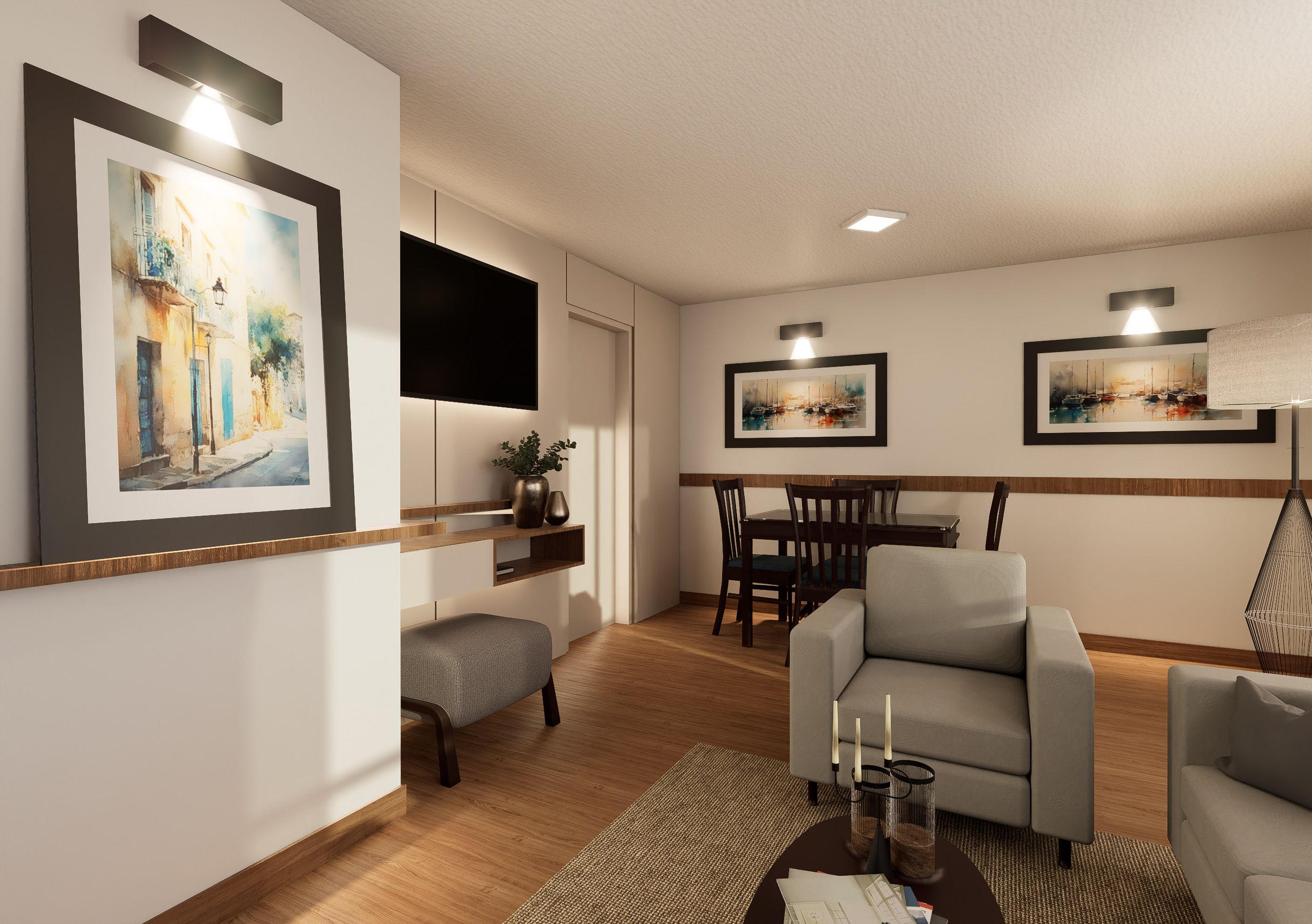 Render de la sala con el mueble de entretenimiento G.NO