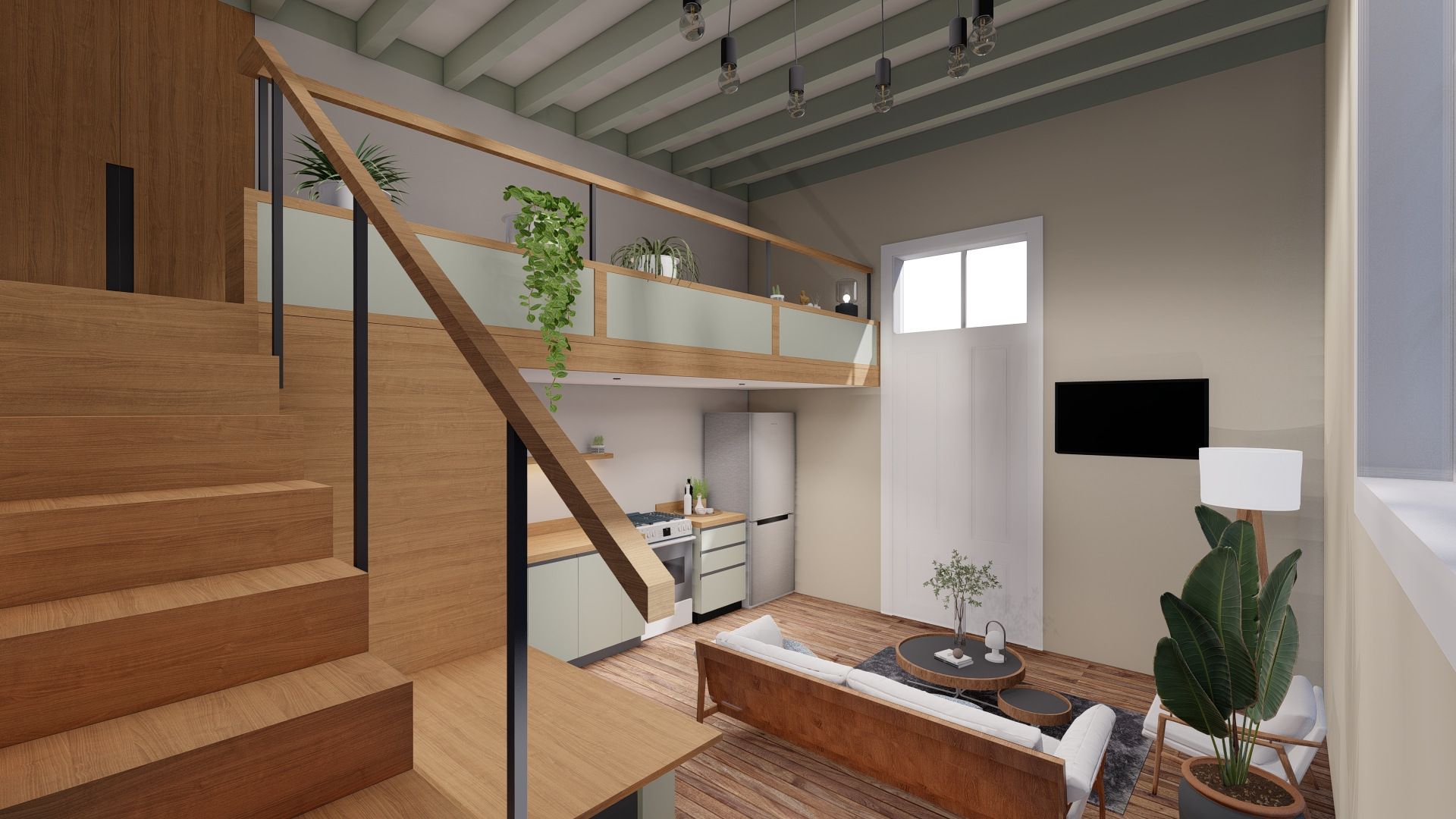 Render de la doble altura y estructura de madera del proyecto Grau