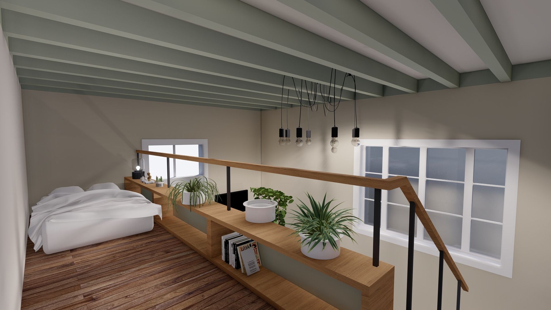 Render del dormitorio elevado en el mini departamento Grau