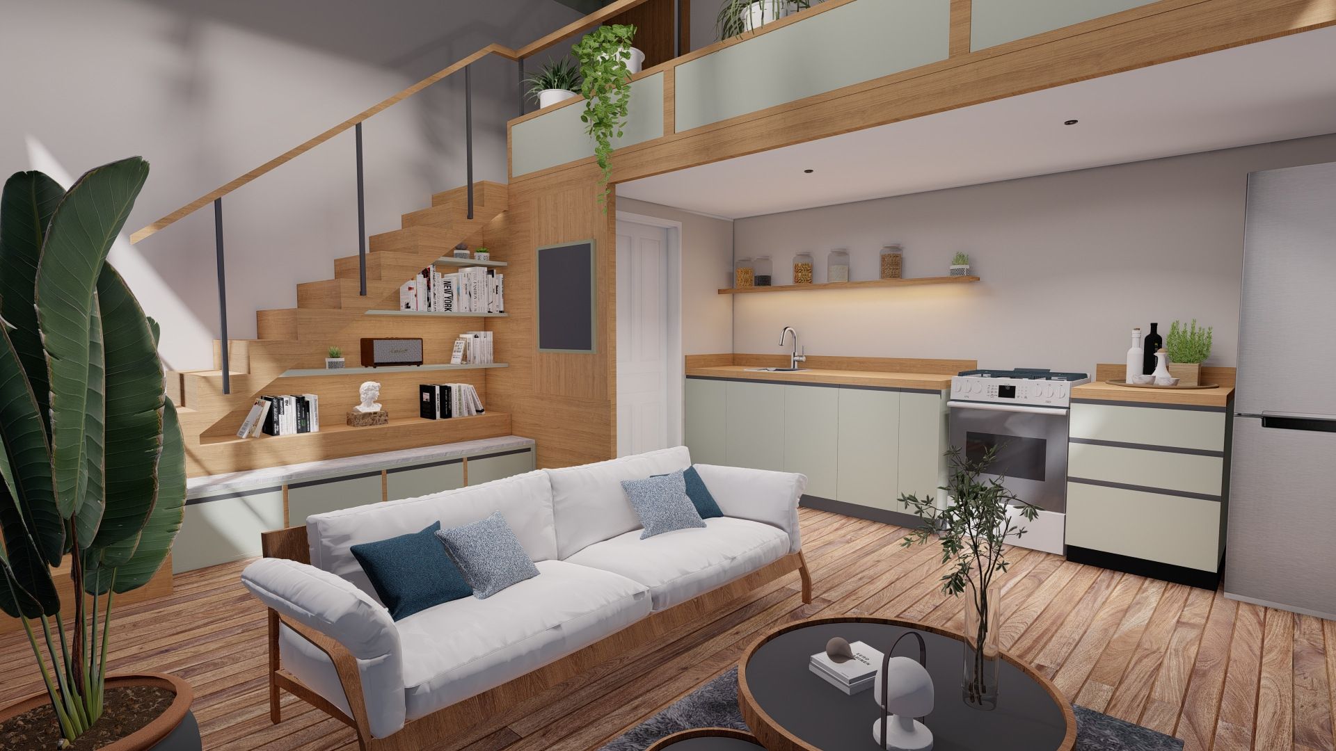 Vista general renderizada del loft Grau con planta social abierta