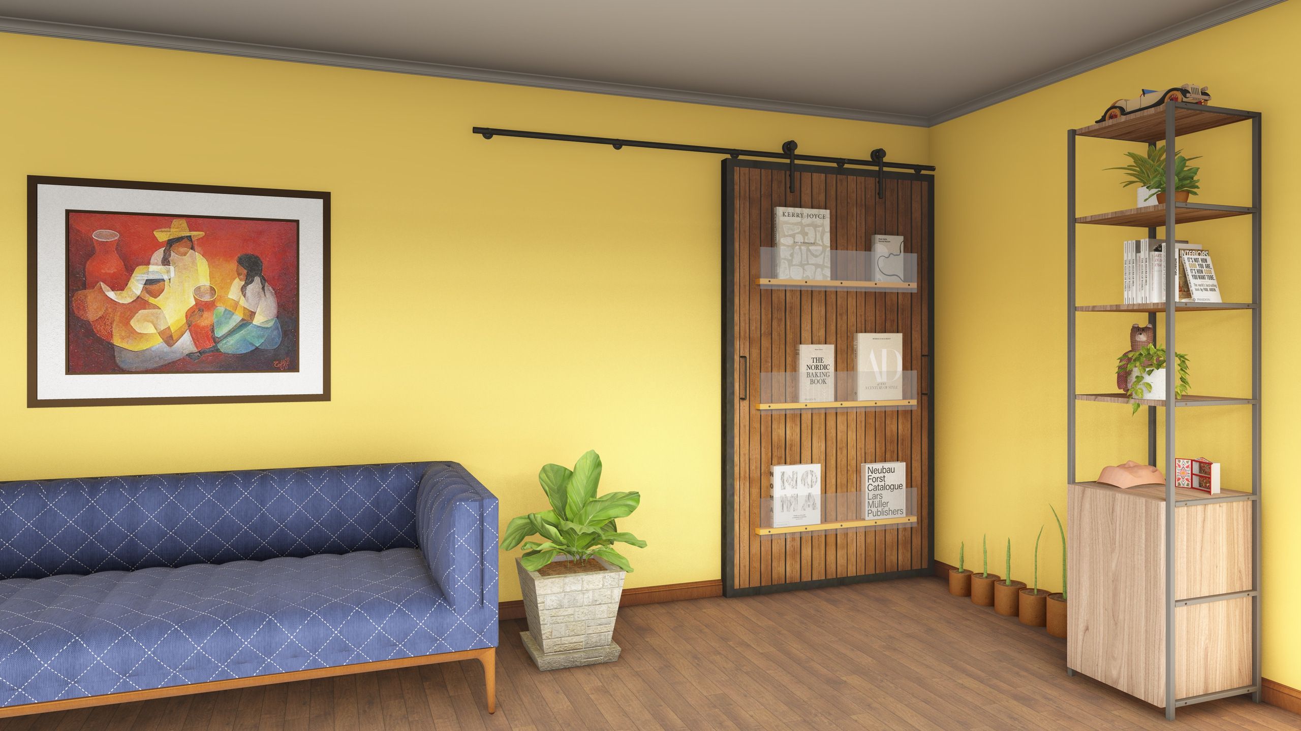 Render principal de la puerta corrediza con biblioteca integrada
