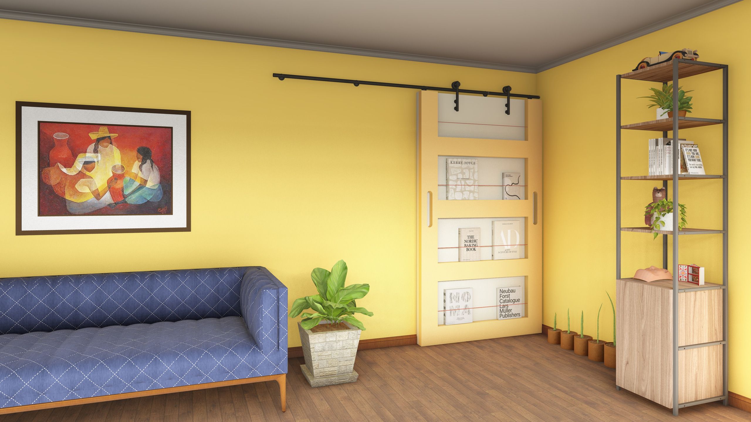 Render del sistema de desplazamiento de la puerta tipo granero