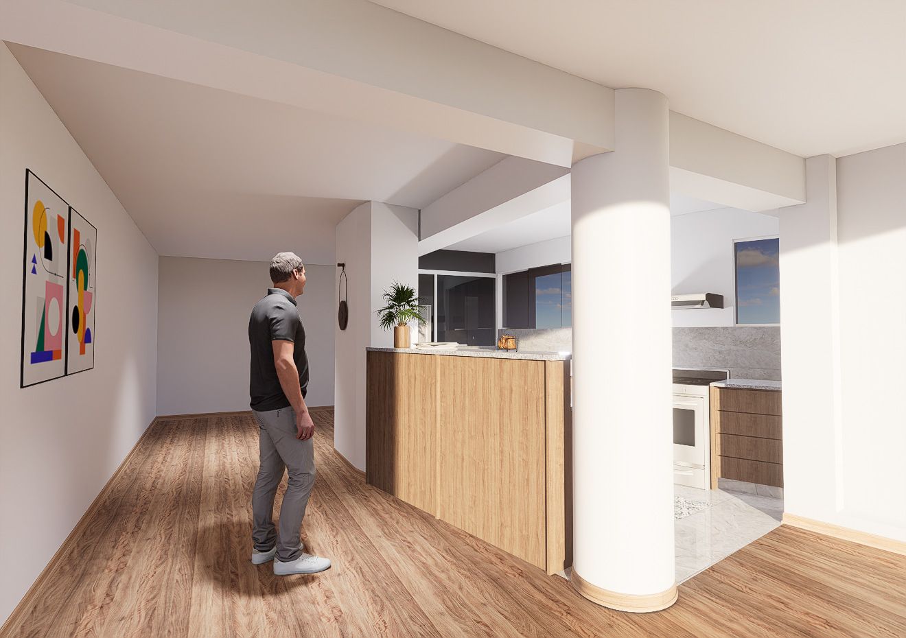 Render de integración de la cocina en la remodelación Trípoli