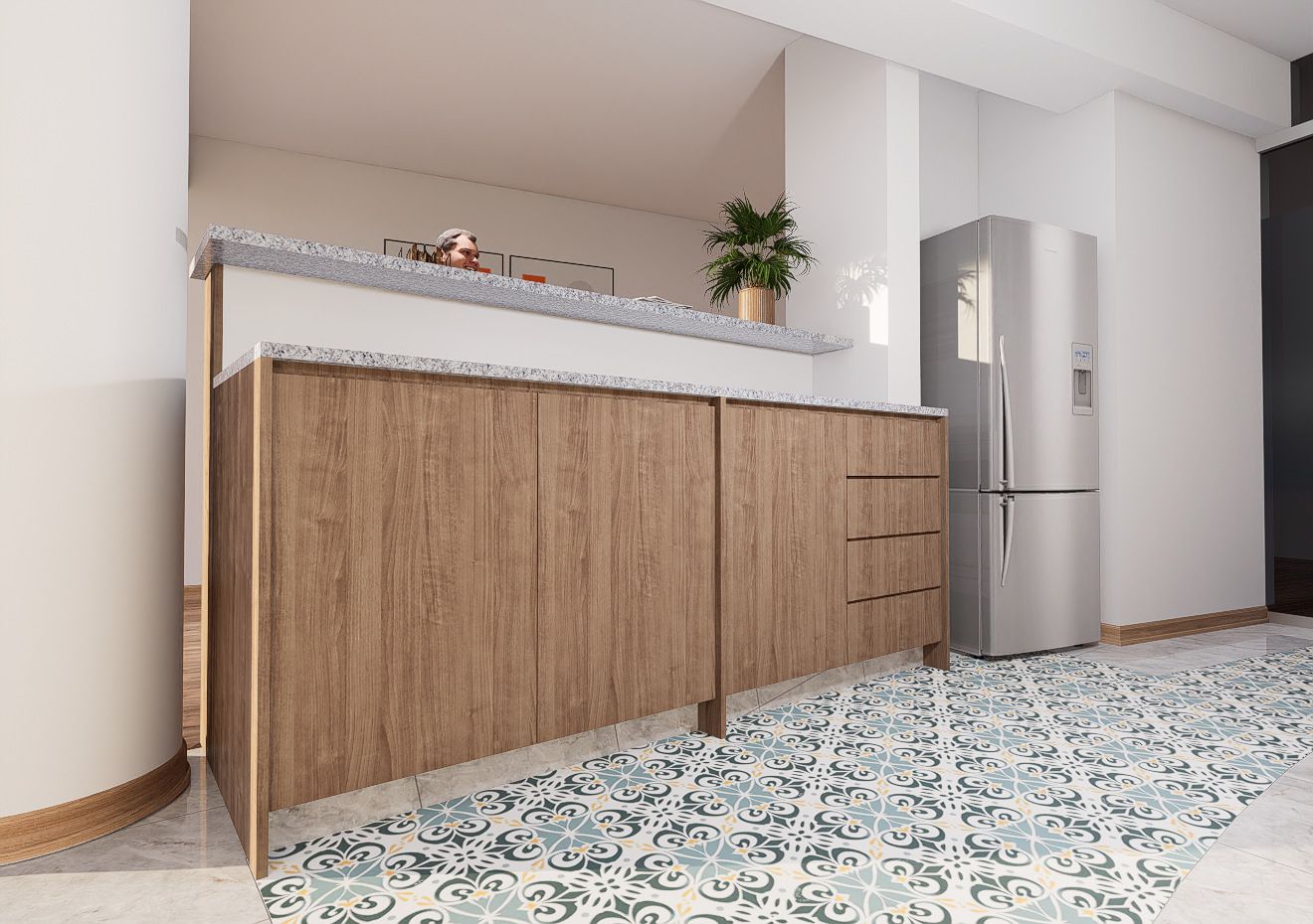 Render de la cocina del departamento Trípoli con isla central
