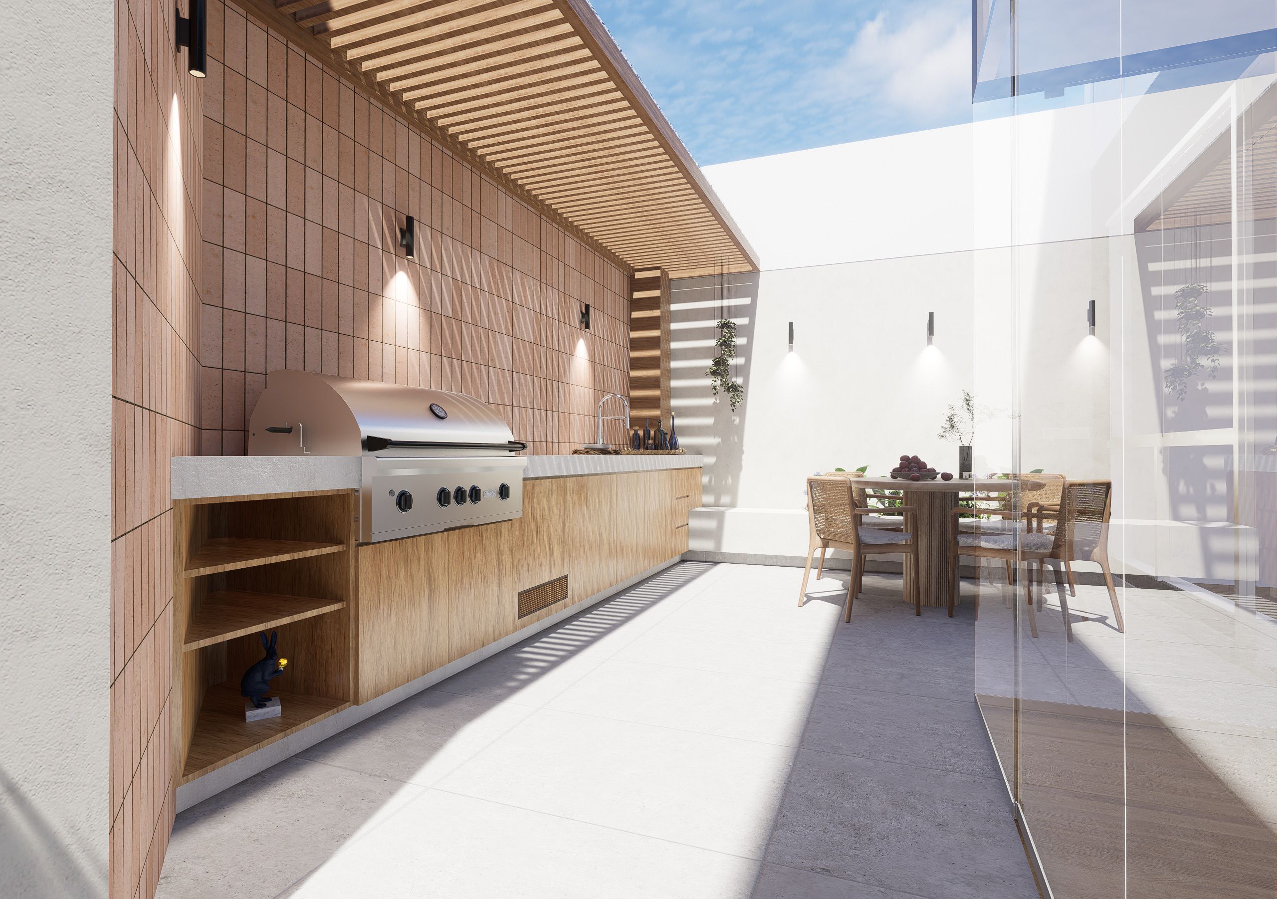 Render de la barra exterior en la terraza del proyecto Trípoli